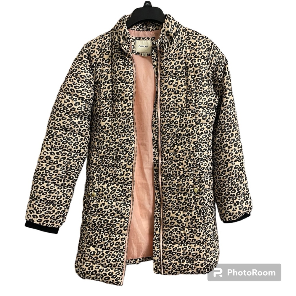 Cherokee leopard print puffer jacket leopard print & pink lining Size L NO HOOD
